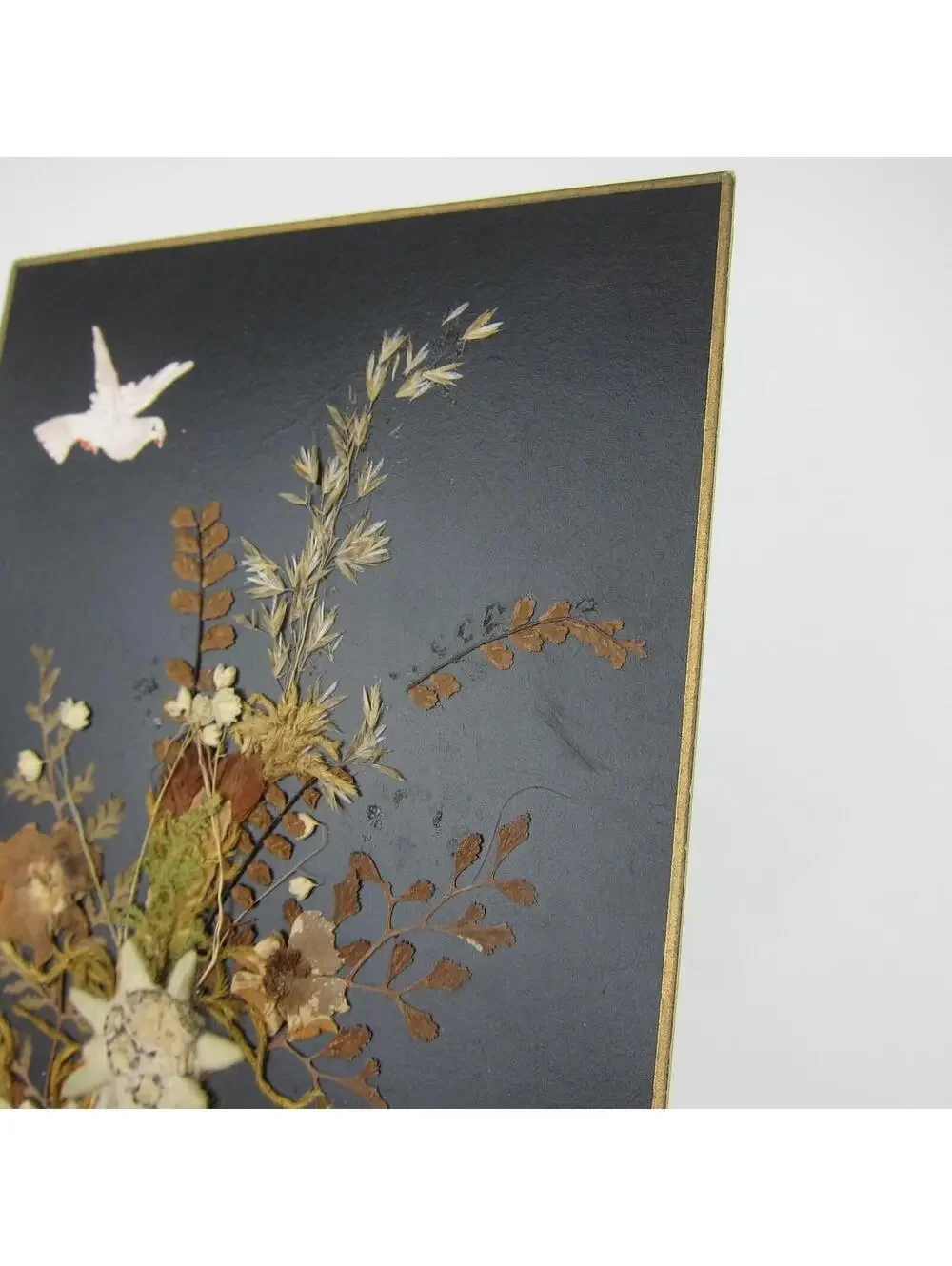 Victorian Greeting Card Pressed Flowers White Dove Bird Congrats German Antique